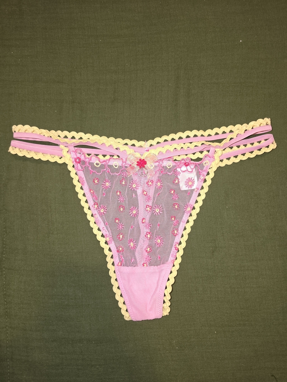 Lounge Underwear Daisy Balcony Embroidered Thong - Pink & Yellow - Size Medium
